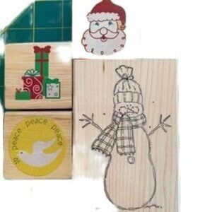 Snowman Santa Gift Peace Rubber Christmas Stamps Set Wood-Mounted Pre-Loved
